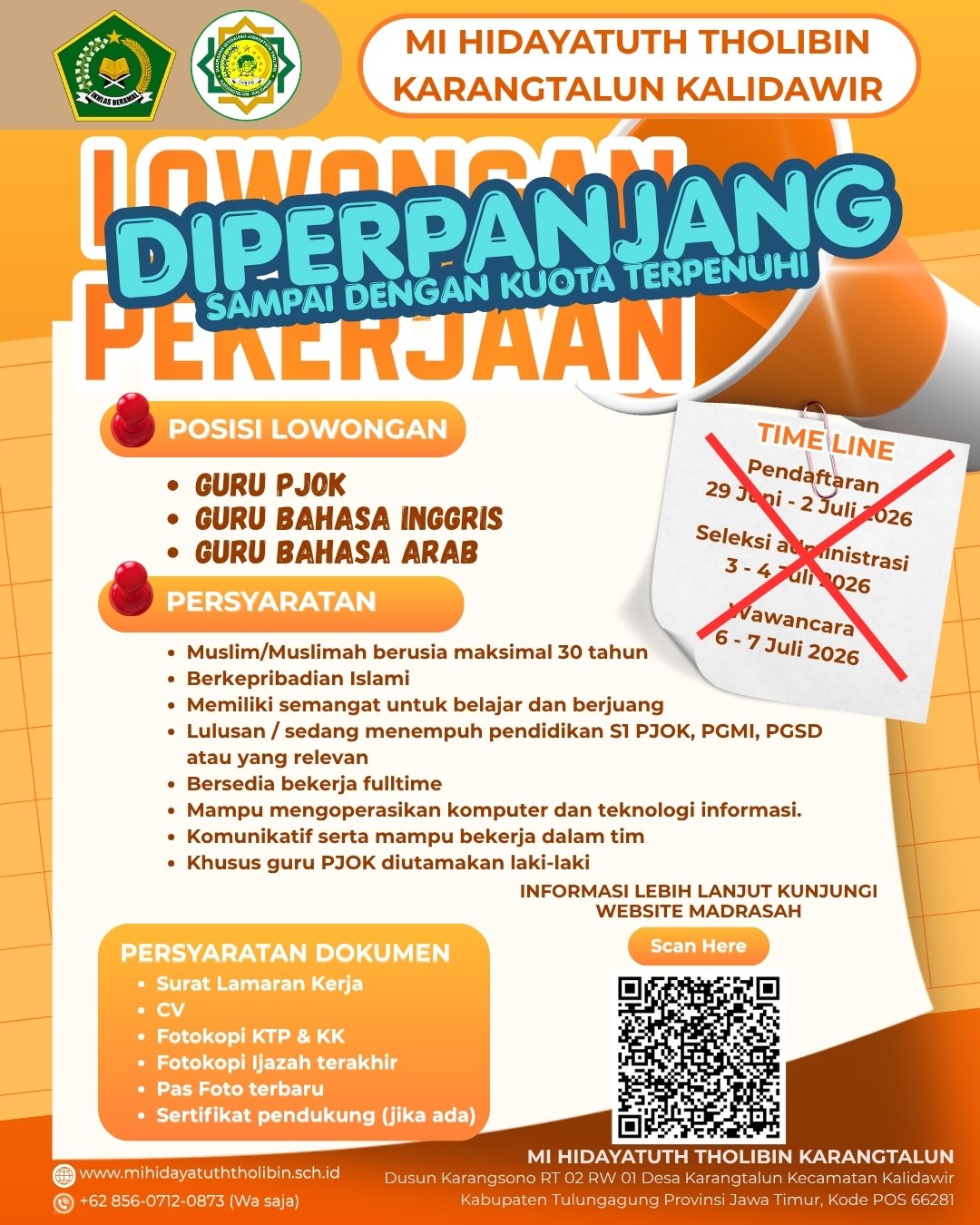 Perpanjangan Rekrutmen Guru Madrasah Ibtidaiyah Hidayatuth Tholibin Tahun 2026